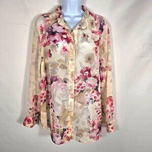 Womens Blouse Sz XL Beige & Pink Floral Sheer Button Down Long Sleeve Office